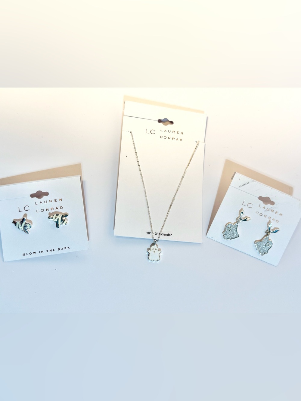 LC Lauren Conrad Silver & Cream Mummy Ghost Studs & dangling earrings & necklace